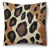 A square decorative pillowcase featuring a brown and black leopard print pattern on a beige background.