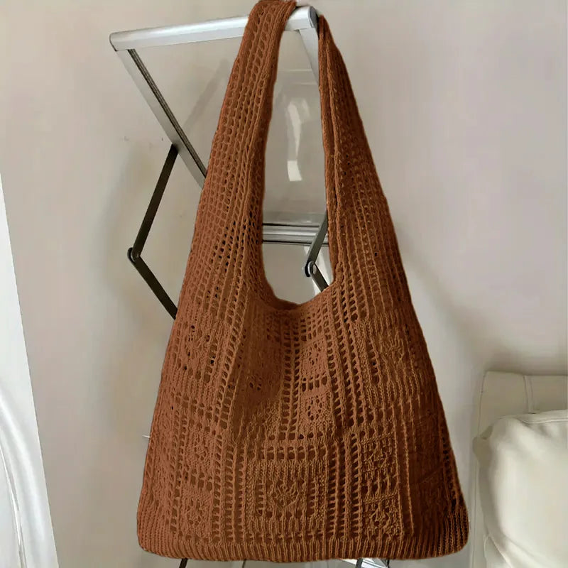 Handwoven Knit Shoulder Bag with Open-Weave Design