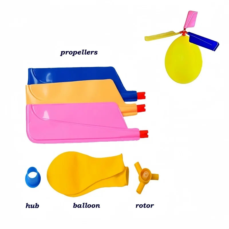 Five colorful propellers, a hub, a balloon, and a rotor for a toy helicopter.