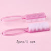 A set of five pink nail art brushes with long handles displayed on a light pink background.