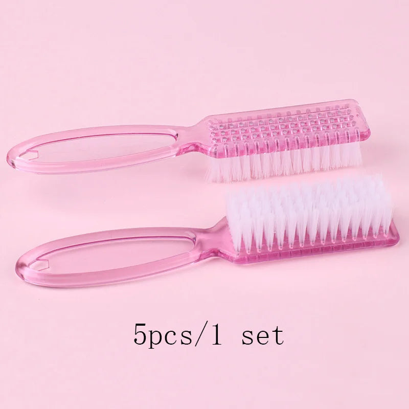 A set of five pink nail art brushes with long handles displayed on a light pink background.
