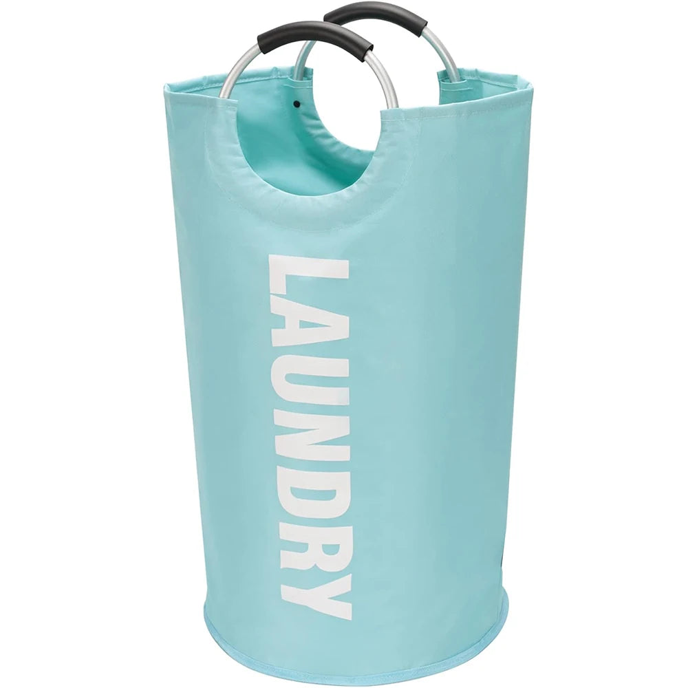 A light blue collapsible laundry basket with black handles.