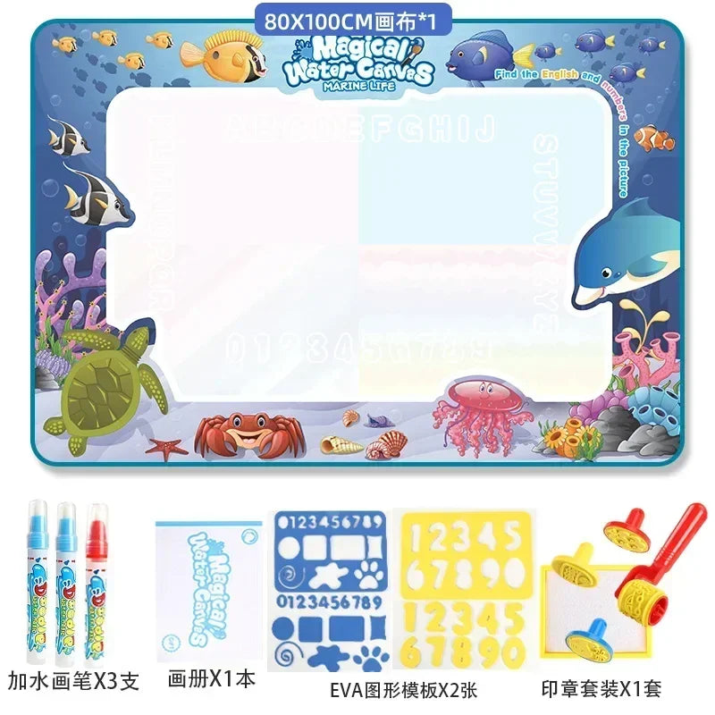 A large reusable water drawing mat with magic pens and various sea creatures for kids