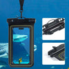 A black waterproof floating phone case with a detachable strap is shown, featuring a clear view of an underwater scene.