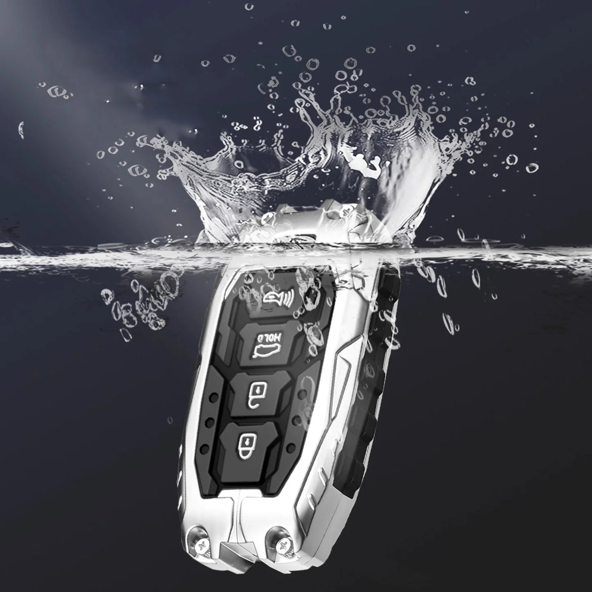 A protective key fob cover floating above water, showing a silver and black device splashing water.