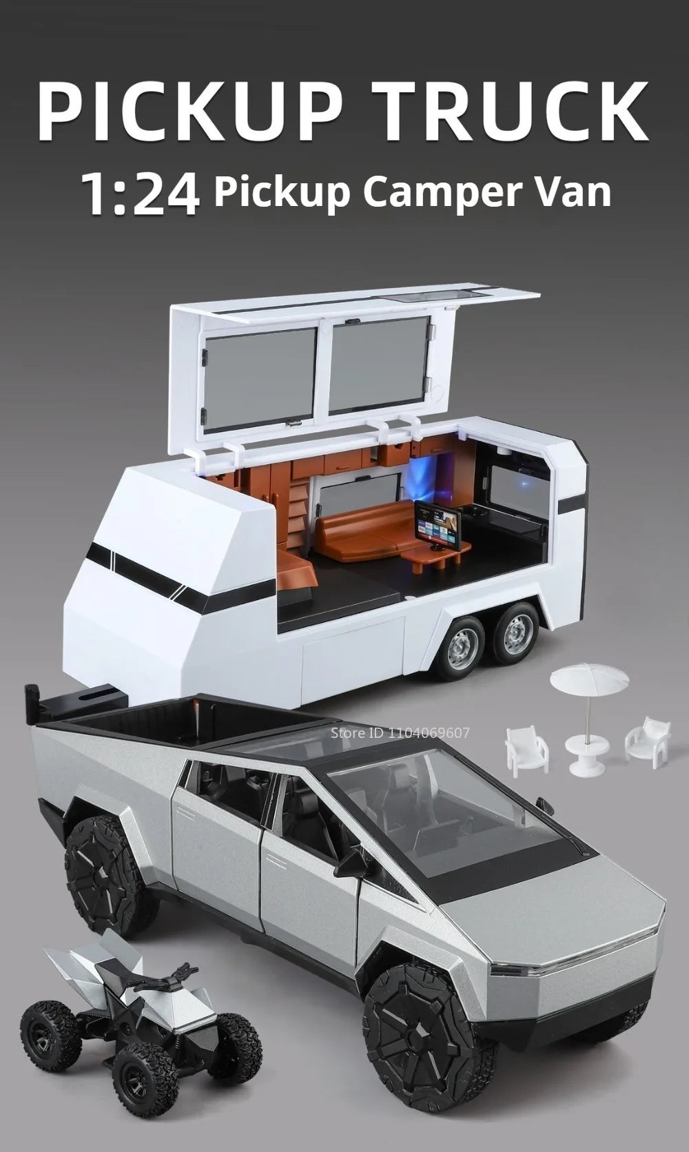 1:24 Diecast Pickup Truck and RV Camper Set with Lights and Sounds