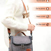 A person wearing a white sweater is carrying a gray insulated lunch bag with a brown strap, alongside icons suggesting activi