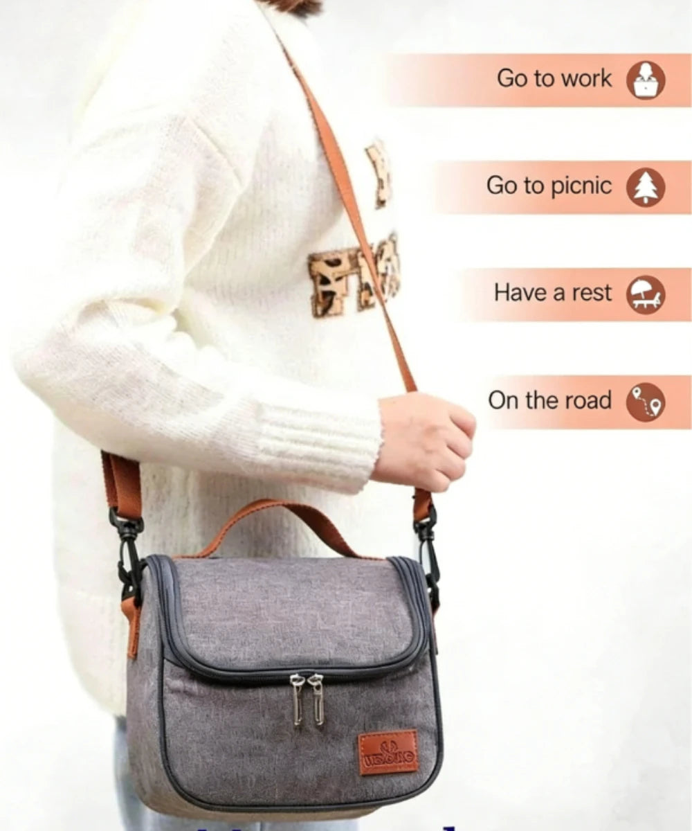 A person wearing a white sweater is carrying a gray insulated lunch bag with a brown strap, alongside icons suggesting activi