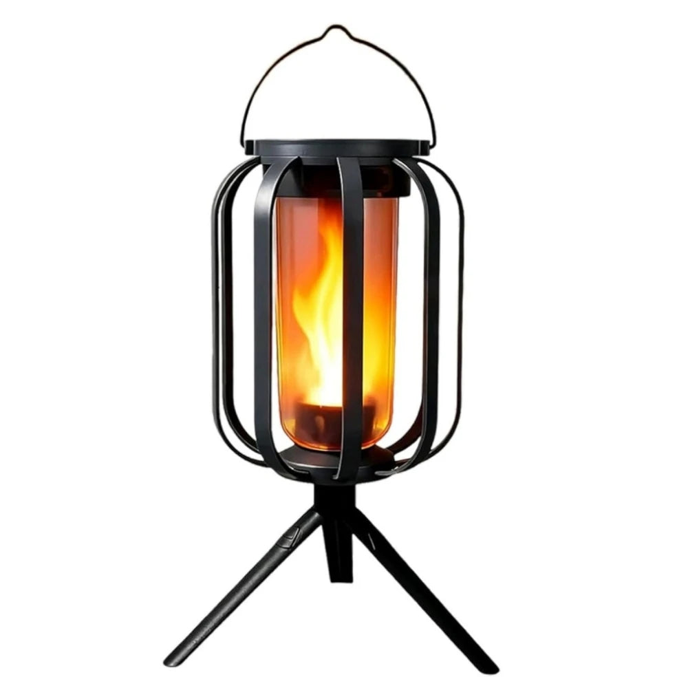 A black solar flickering flame lantern hanging from a metal frame.