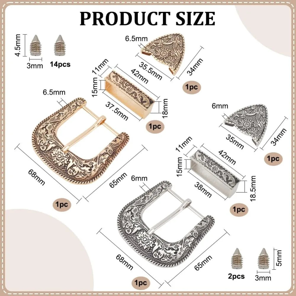 A set of vintage Western belt buckles in antique gold and silver finishes, showing various sizes and dimensions.