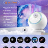 A white projector and speaker unit is shown alongside various celestial images like the Milky Way, Saturn, and galaxies.