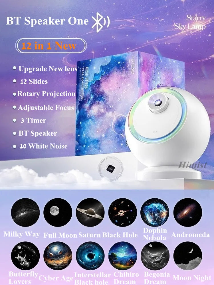 A white projector and speaker unit is shown alongside various celestial images like the Milky Way, Saturn, and galaxies.