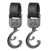 A pair of black rotating stroller hooks designed for hanging bags and essentials.