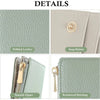 Details of a light green pebbled leather slim bi-fold wallet featuring a snap button and reinforced stitching.