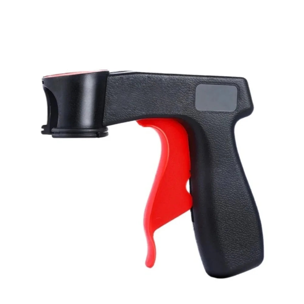 Black and red universal spray paint handle for aerosol cans.