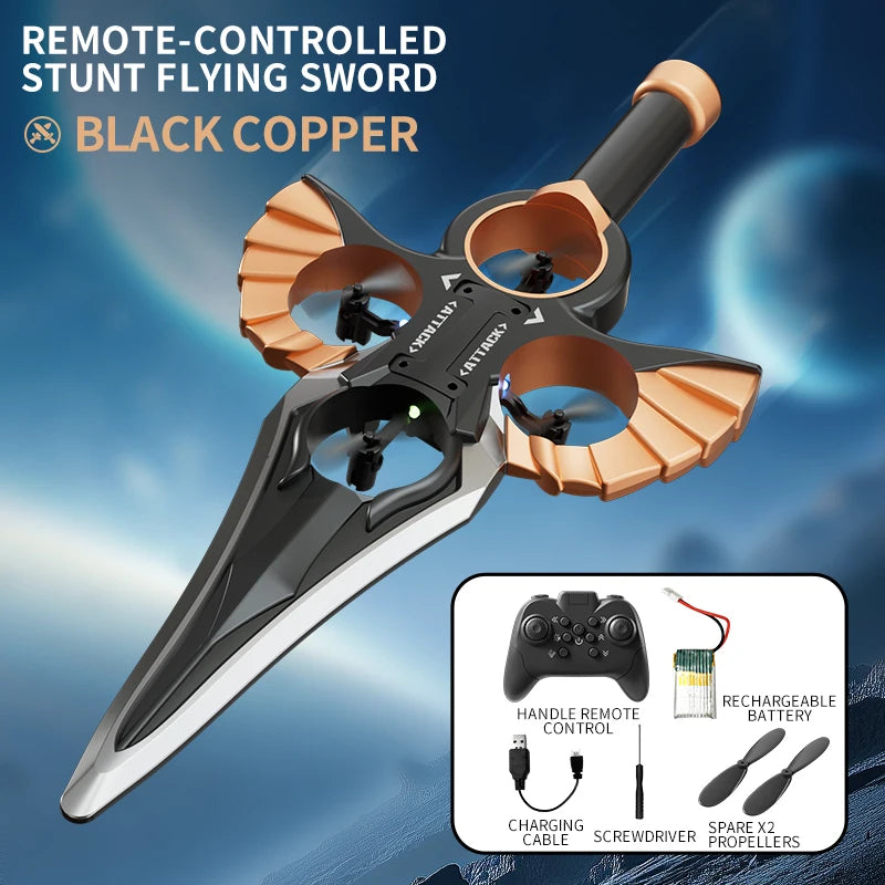 A black copper remote-controlled stunt flying sword with orange propellers and accessories shown against a blue sky backgroun
