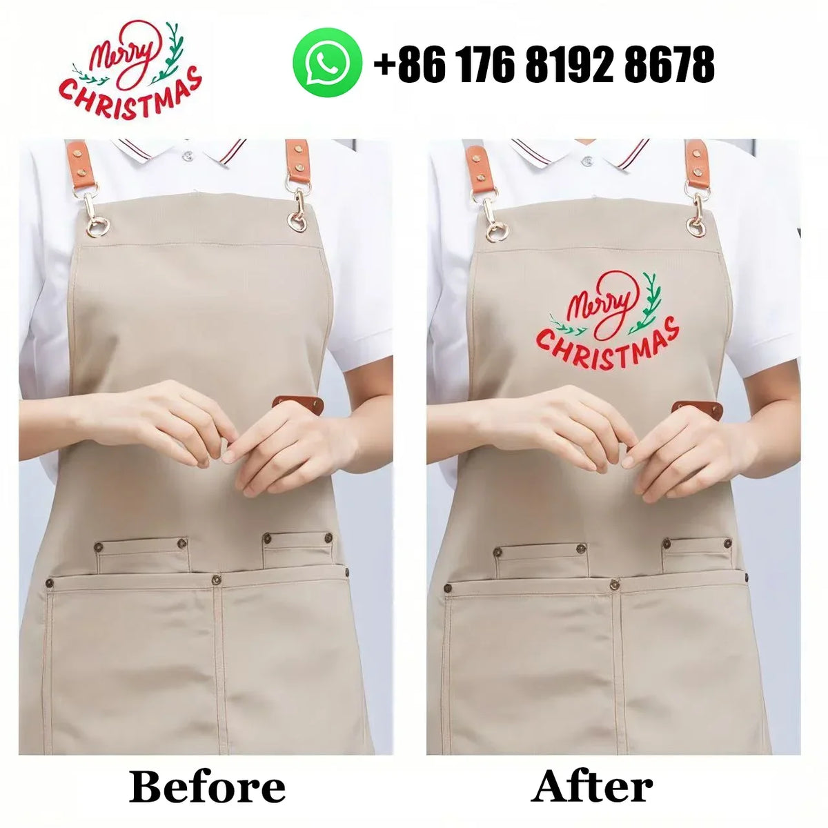 Before and after comparison of a beige cotton canvas apron with multiple pockets