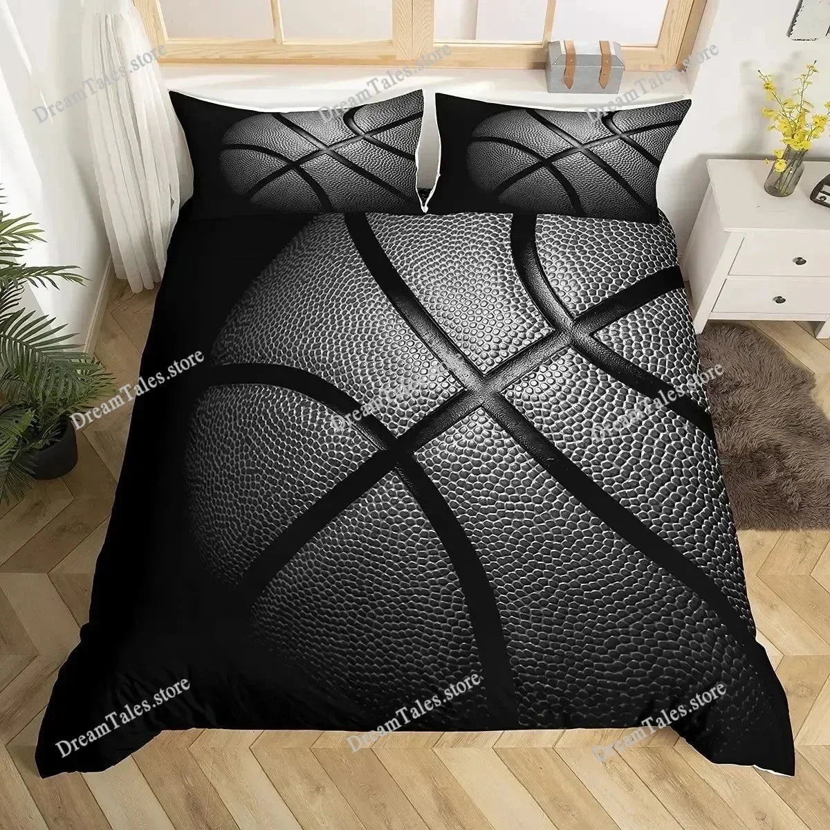 Black duvet cover set featuring a motivational basketball pattern on a white background
