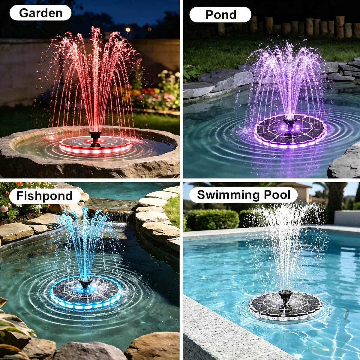 Four images showing different types of water fountains: Garden, Pond, Fishpond, and Swimming Pool.