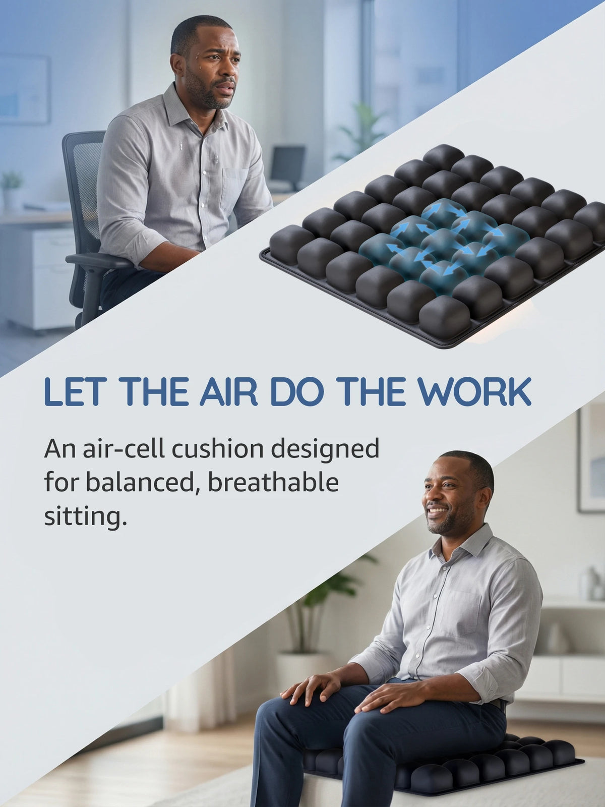 A person sits on an air-cell cushion designed for balanced, breathable sitting.