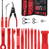 A collection of red car trim removal tools and accessories stored in a black pouch.