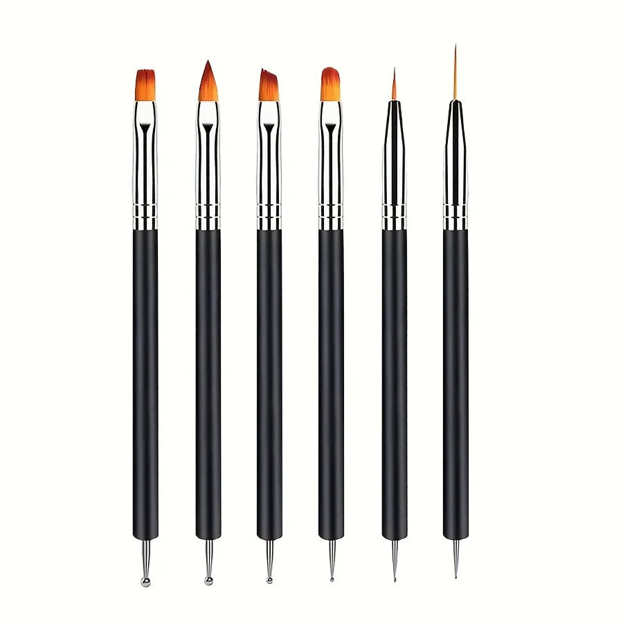 A set of professional dual-ended nail art brushes with black handles and orange tips.