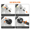 Four steps showing how to install a new wheel stud using an installer tool on a car wheel hub.
