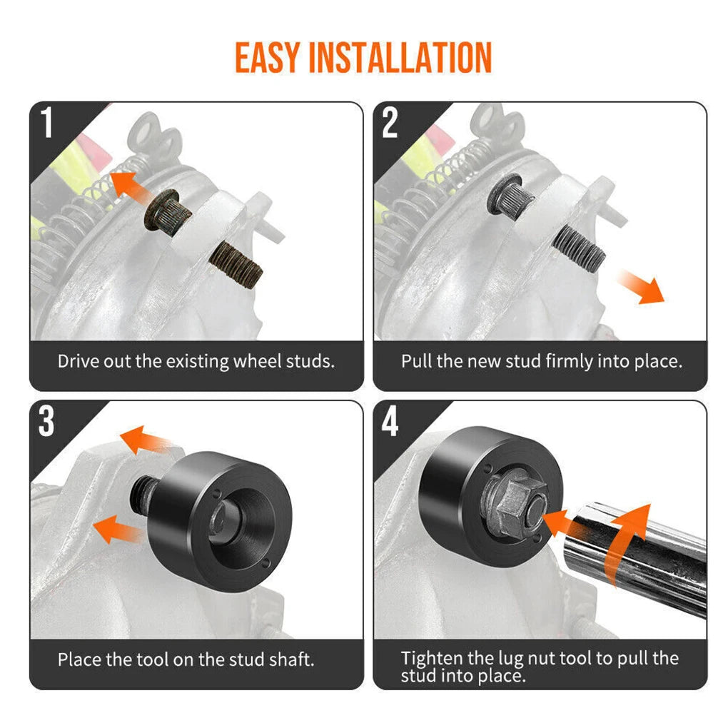 Four steps showing how to install a new wheel stud using an installer tool on a car wheel hub.