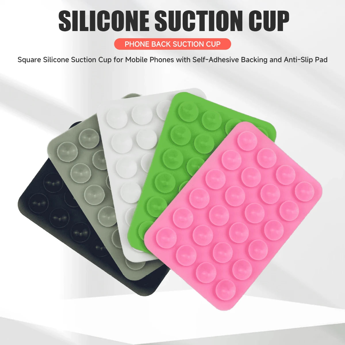 A stack of colorful silicone suction cups in various shades including black, green, white, and pink for mobile phone mounting