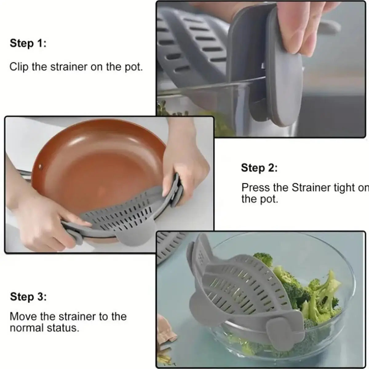 Step-by-step instructions showing how to clip, press, and move an adjustable clip-on pot strainer.