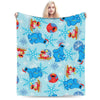 A blue and white flannel throw blanket featuring Sesame Street Friends characters and snowflakes.