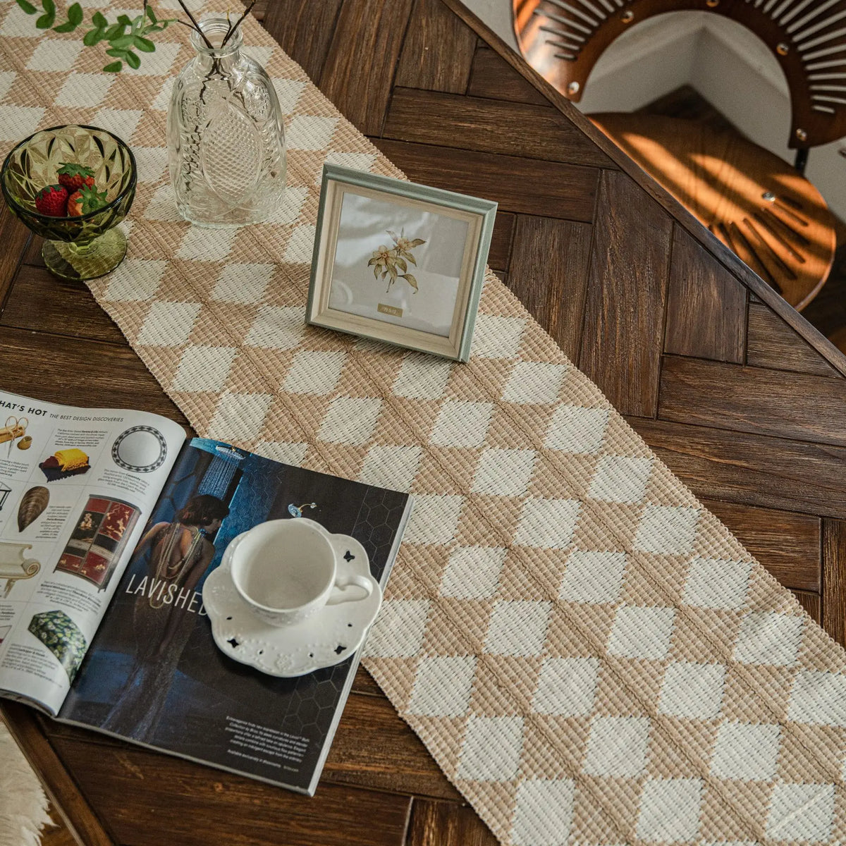 Boho Farmhouse Linen Table Runner with Macrame Fringe