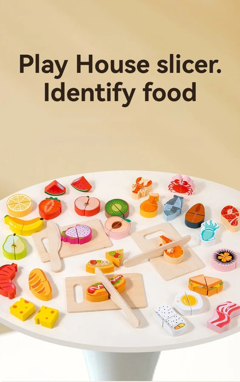 A wooden pretend play set featuring various fruit and vegetable slices for kids to identify food.