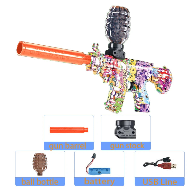 An M416 electric gel ball blaster toy gun with an orange barrel and colorful body, shown alongside its components.