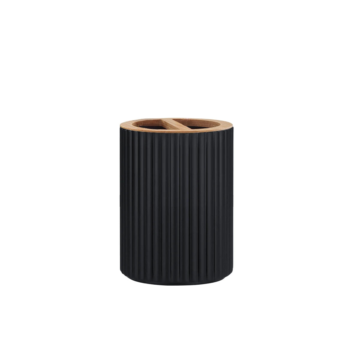 A black cylindrical bathroom organizer with a wooden top, designed for soap, cotton storage, and toothbrush holders.