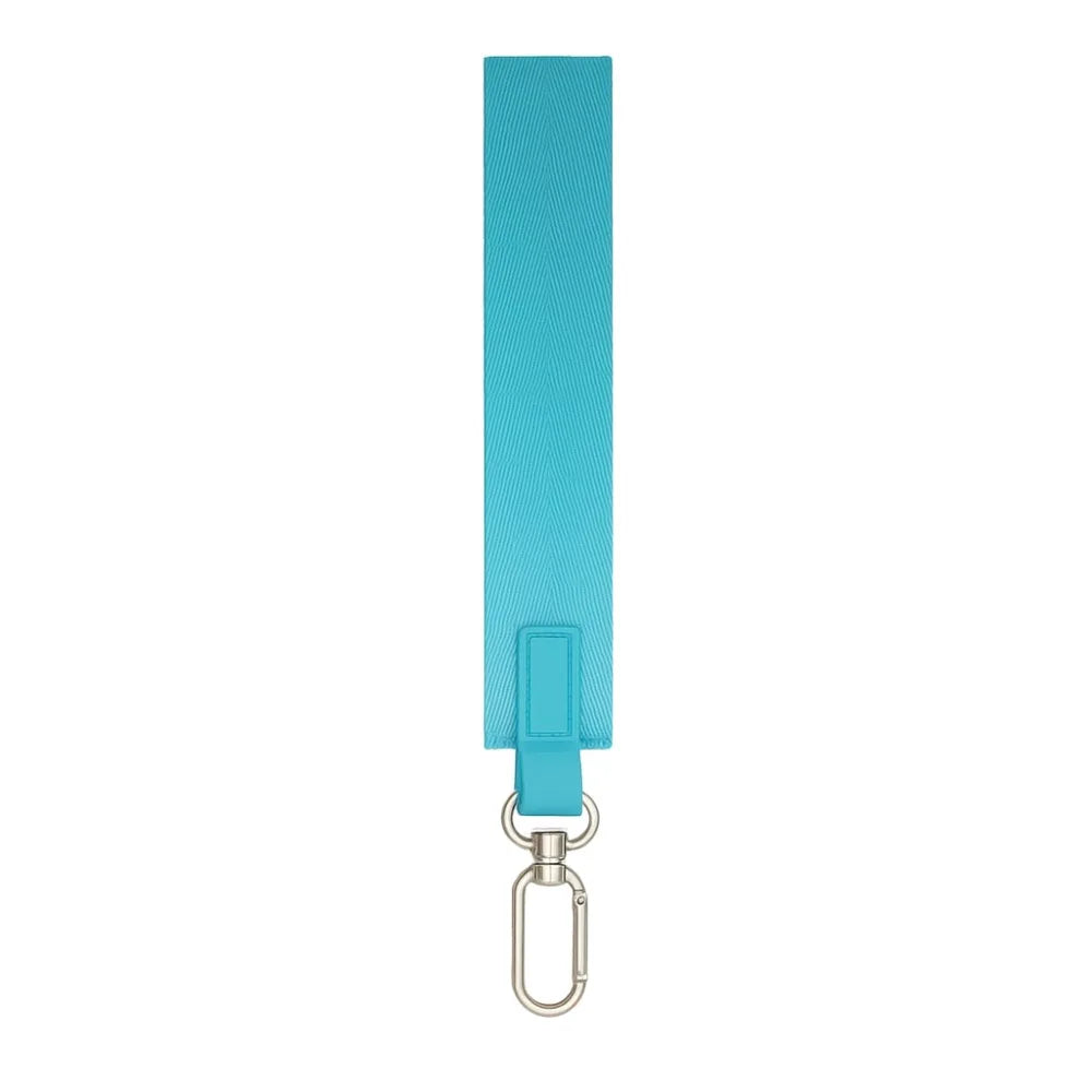 A teal nylon wristlet keychain strap with a metal clasp.