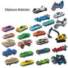 A collection of 24 pieces of diecast pull-back vehicles in various colors and models.