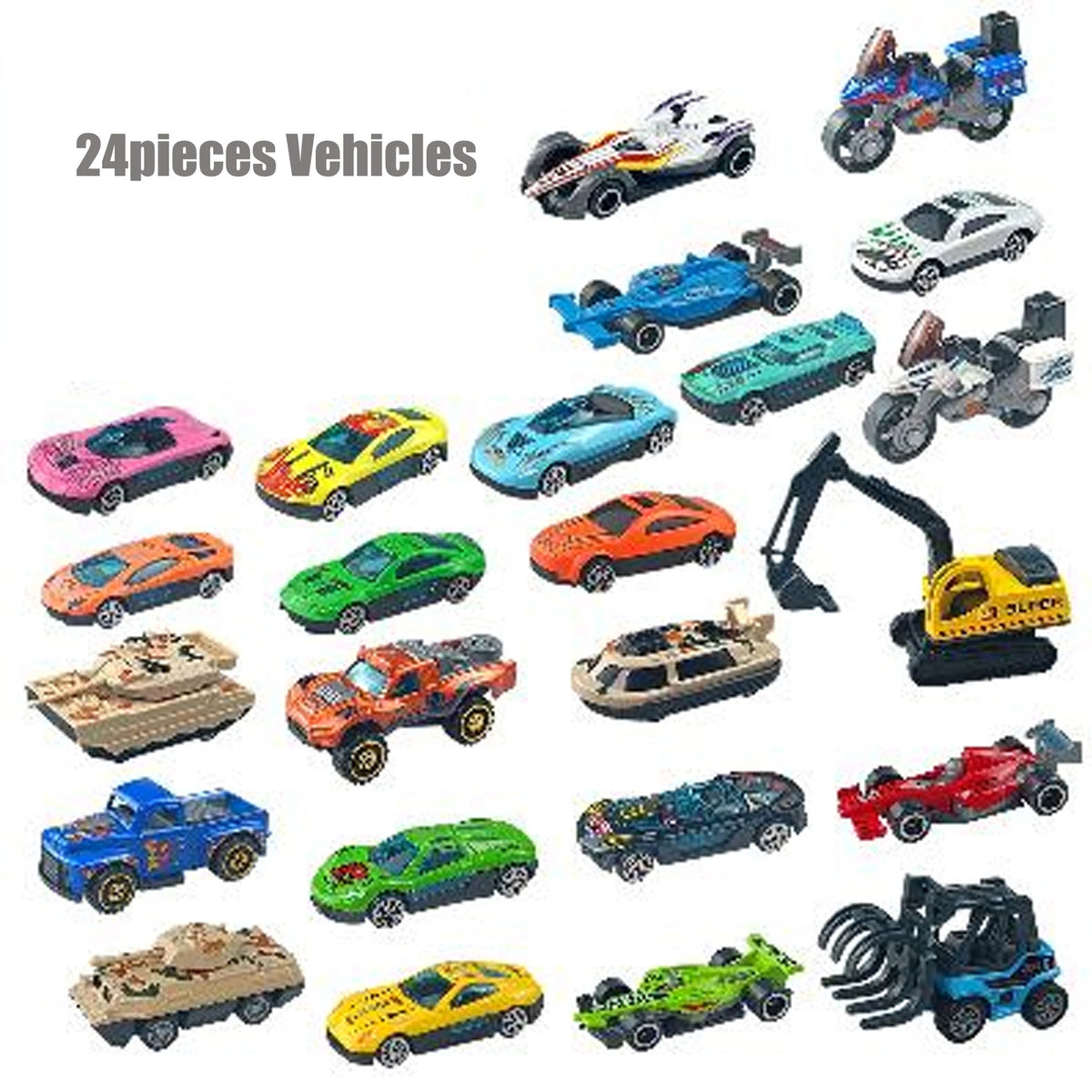 A collection of 24 pieces of diecast pull-back vehicles in various colors and models.