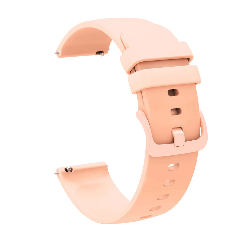 A light peach silicone watch band with a protective case for a Redmi Watch Active 5.