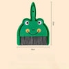 A green cartoon broom and dustpan set with a handle and bristles shown against a light background.