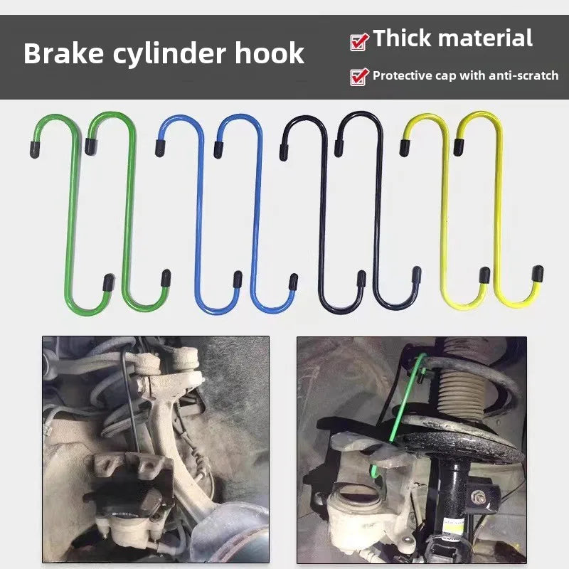A set of thick metal brake cylinder hooks in green, blue, black, and yellow are shown for auto repair.
