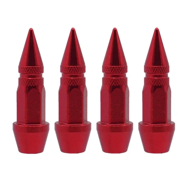 A set of five red universal bullet head screws for tires and valves.