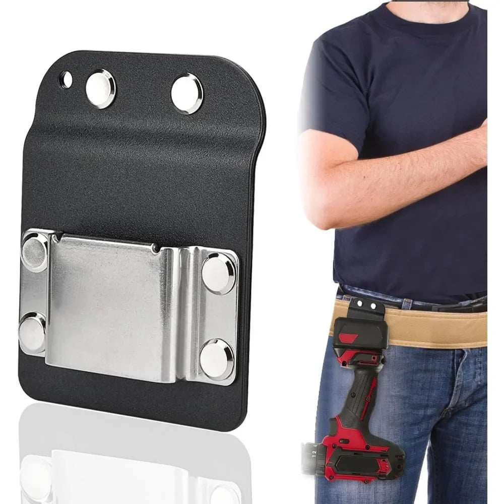 A black clip-on tool belt holster for drills and power tools is shown against a white background.