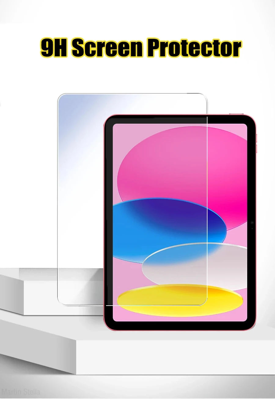 A clear screen protector is shown being applied to an iPad, demonstrating a 9H screen protector.
