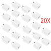 A collection of twenty white compact dual-port USB wall chargers arranged in a grid.