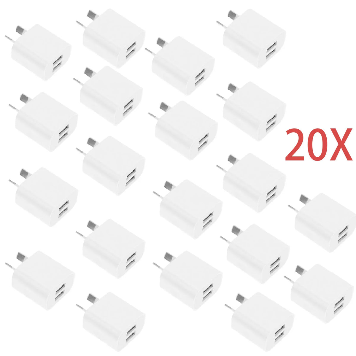 A collection of twenty white compact dual-port USB wall chargers arranged in a grid.