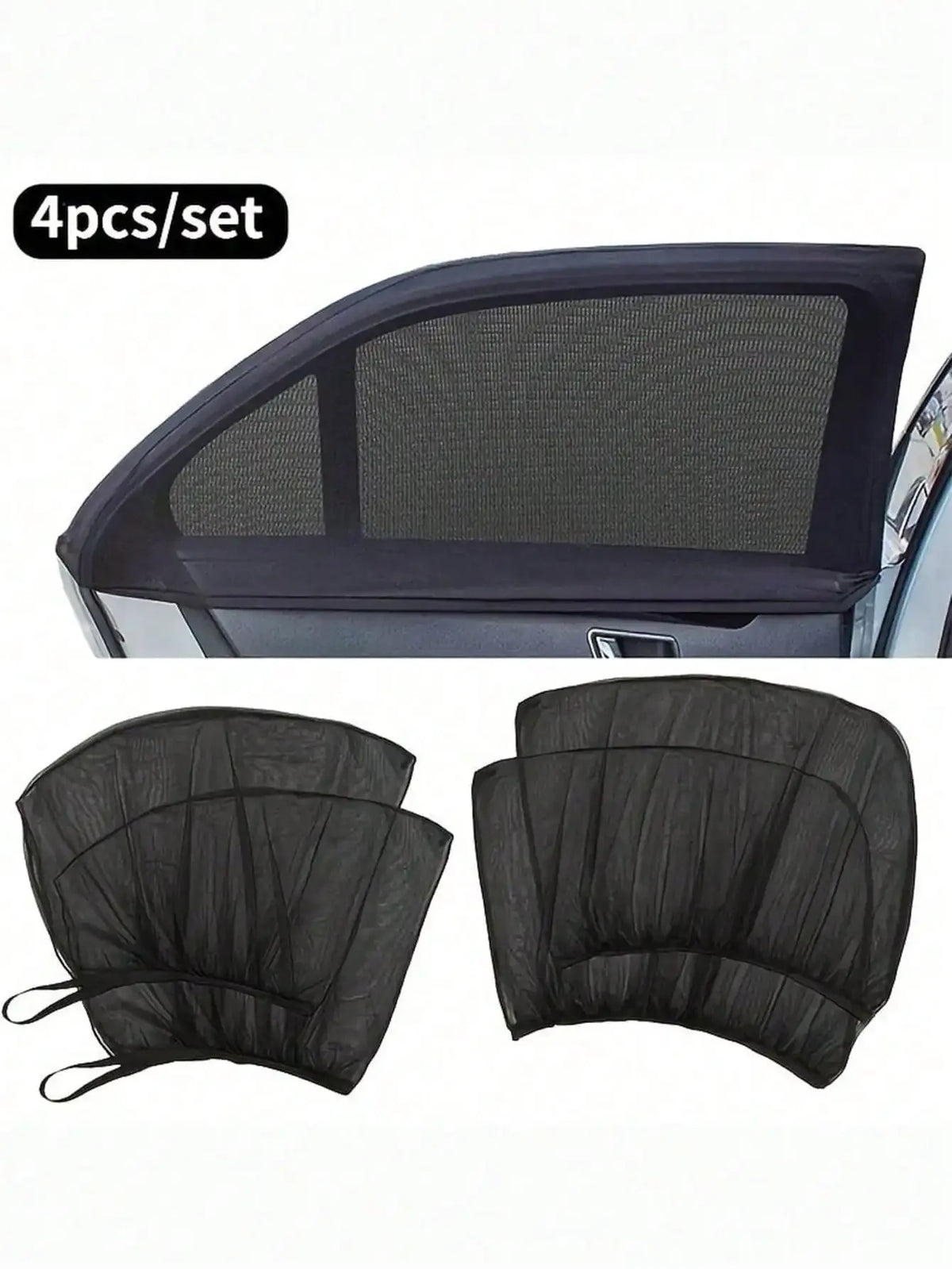 Four black breathable mesh car window shades shown in a set.