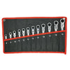A set of nineteen flex-head ratcheting wrenches arranged in a row on a black mat with red borders.