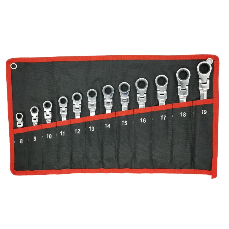 A set of nineteen flex-head ratcheting wrenches arranged in a row on a black mat with red borders.