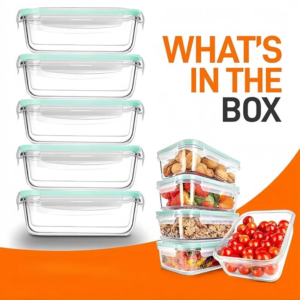 A set of five clear rectangular glass lunch boxes with silicone lids shown next to various food items.